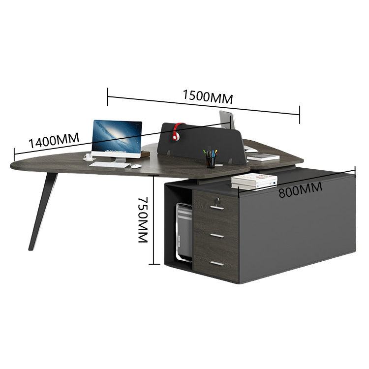 円弧型デスク　役員用デスク　モジュール式デスク　大型デスク　変形オフィスデスク　職場　役員用　企業用　広い下肢空間　仕切りパネル付き　サイドキャビネット　丈夫な脚部　多目的　耐久性　厚手　シンプル　ブラウンウォールナット　カスタマイズ可能　YGZ-P009