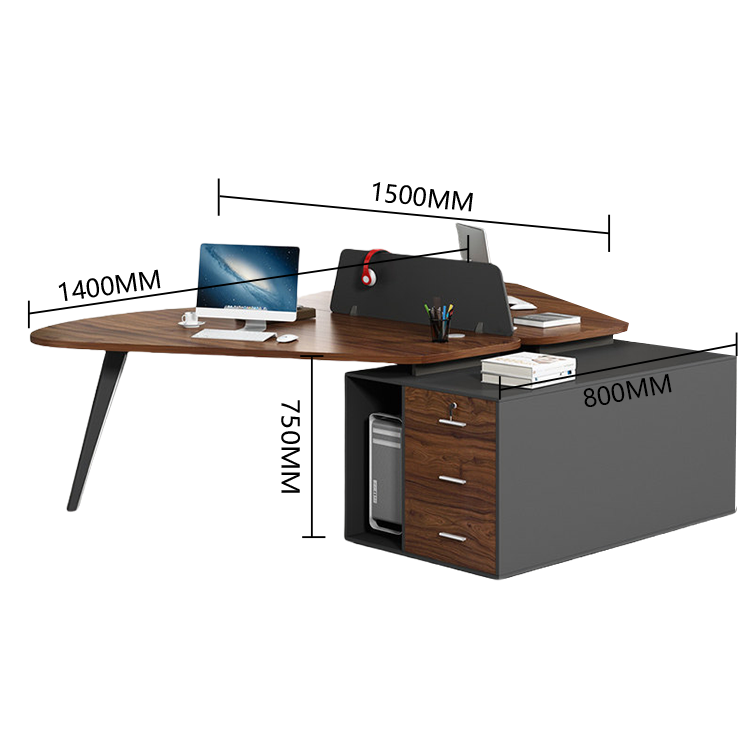 円弧型デスク　役員用デスク　モジュール式デスク　大型デスク　変形オフィスデスク　職場　役員用　企業用　広い下肢空間　仕切りパネル付き　サイドキャビネット　丈夫な脚部　多目的　耐久性　厚手　シンプル　ブラウンウォールナット　カスタマイズ可能　YGZ-P009